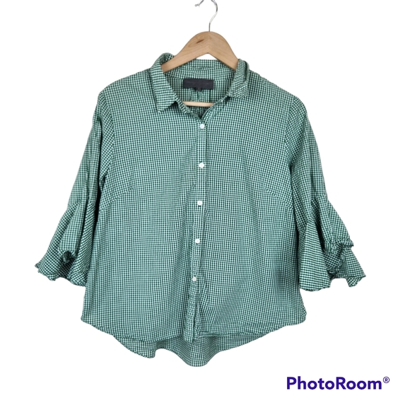 Sunday in Brooklyn Tops - Sunday in Brooklyn Green White Gingham Ruffle Sleeve Button Down Shirt Sz L